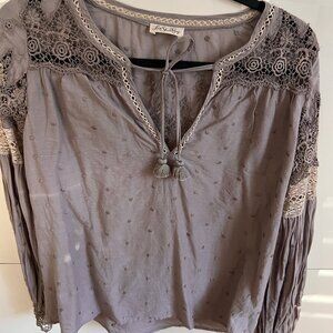 LoveShackFancy Grey Lace Trimmed Boho Blouse